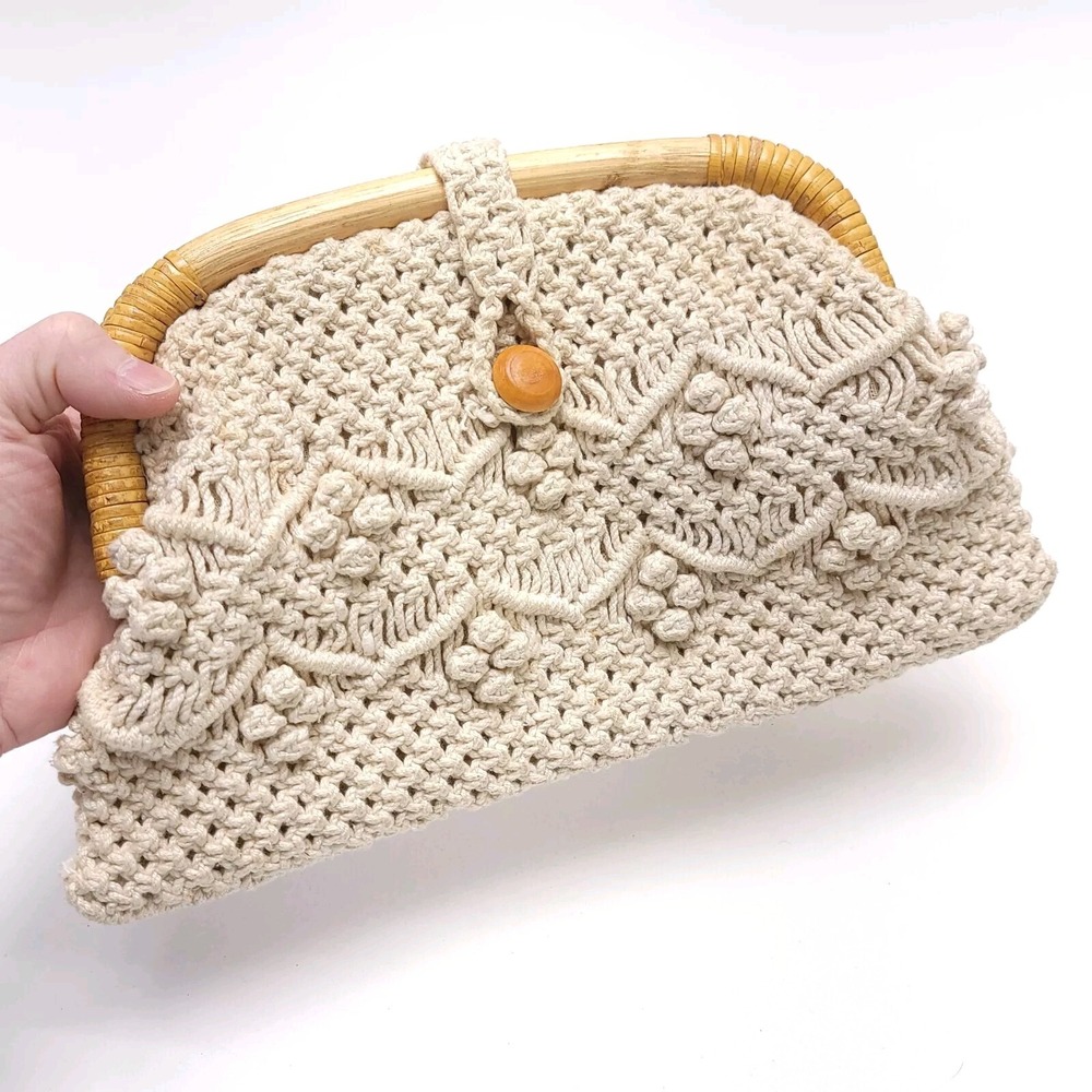 Boho Macrame Ivory Cream Hand‎ Crochet Woven Bag Purse Wood Handles Vintage